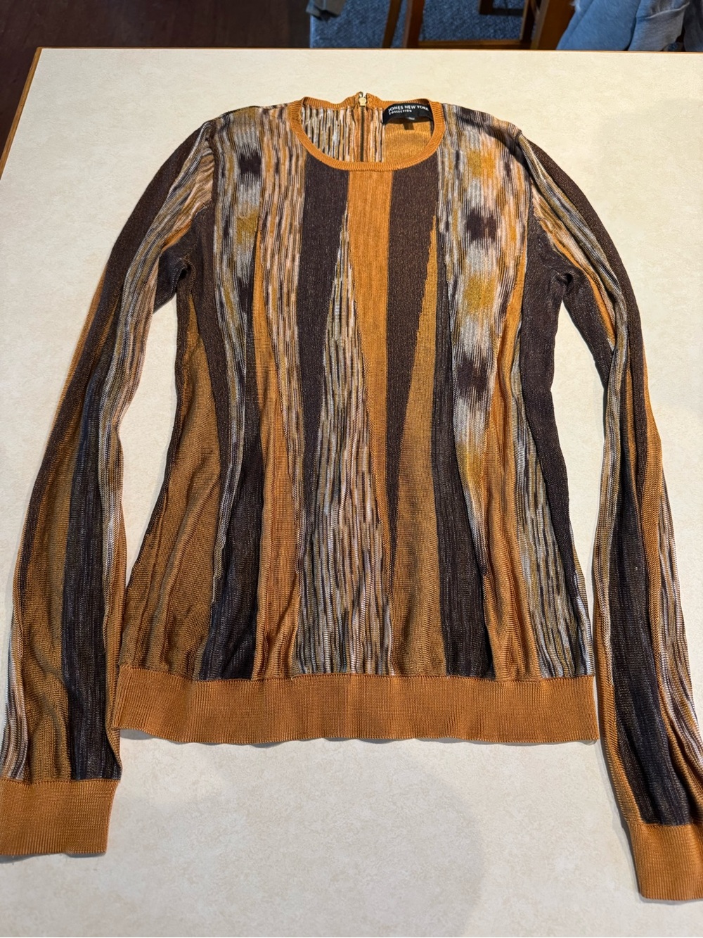 Jones New York Striped Long-Sleeve Knit Top in Brown & Gold